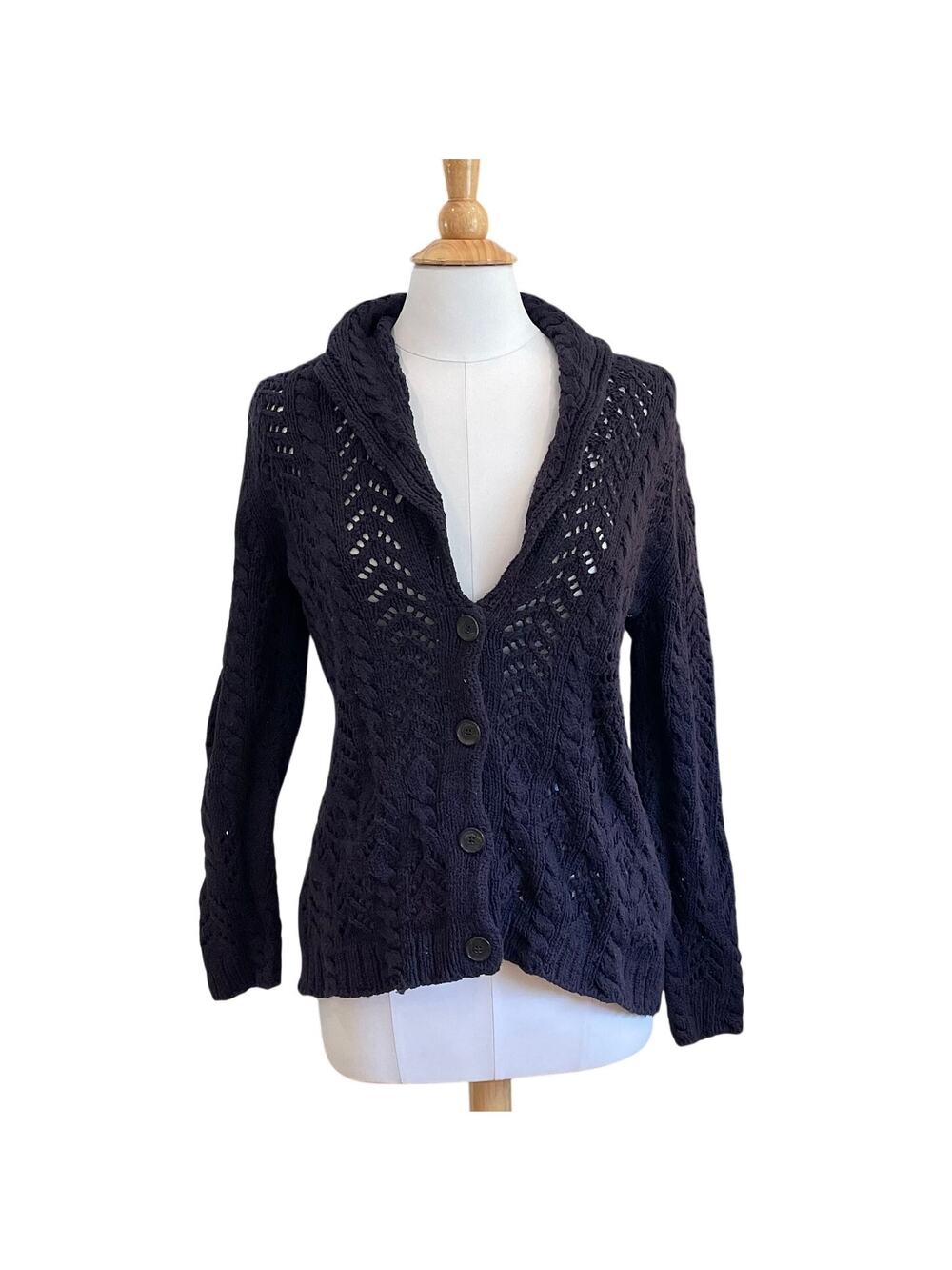 Lands' End Navy Blue Open Knit / Crochet Cardigan, Shawl Collar, V-Neck, Size LP